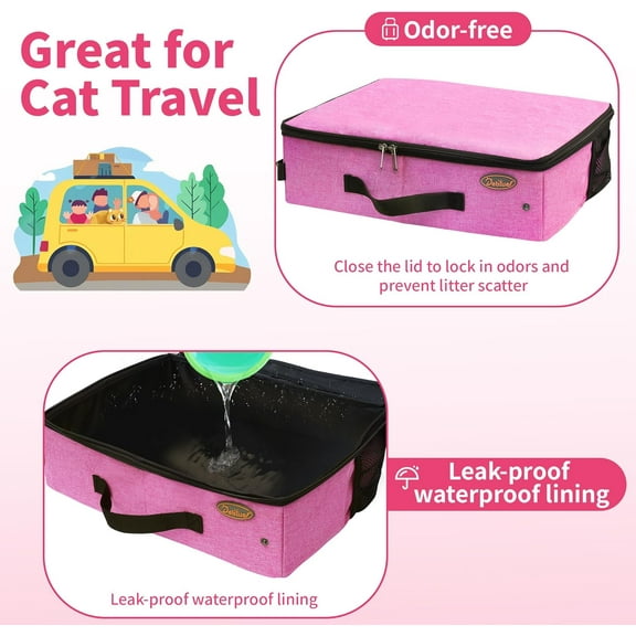 Portable Cat Travel Litter Box in Car, Collapsible Foldable Litter Box for Large Cats, Leak-Proof, Lightweight Pink