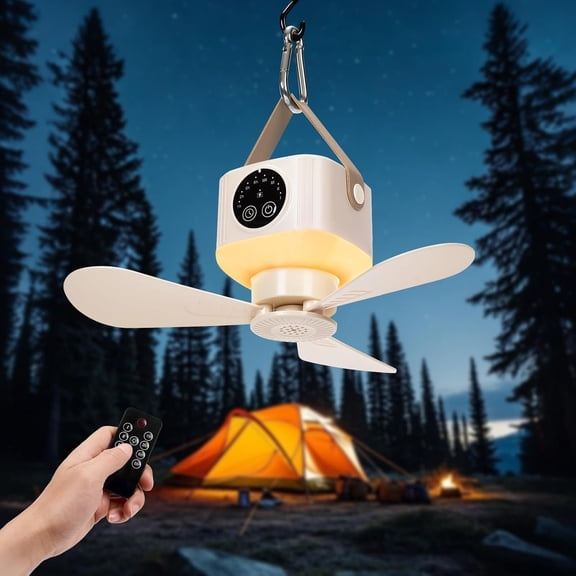 Portable Ceiling Fan with Lights Remote,USB Rechargeable Camping Fan,9.25"  Tent Fan with 4 Speeds,Timer,- Ceiling Fan for RV,,Rooftop Tent,Travel,Camping (Lvory)