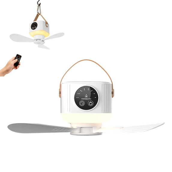 Portable Ceiling Fan, Tent Ceiling Fan, Rechargeable Tent Fan, LED Light Fan, Battery Operated Hanging Fan with Light and Remote, Remote Control Camping Fan for Tent Gazebo Outdoor Bedroom, White