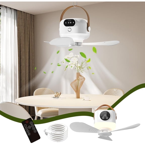 Portable Ceiling Fan - USB Rechargeable Outdoor Air Cooler, 3 Speed Remote Controlled Hanging Fan with Night Light for Camping Garden Bedroom RV Beach Patio and Tailgating Activities