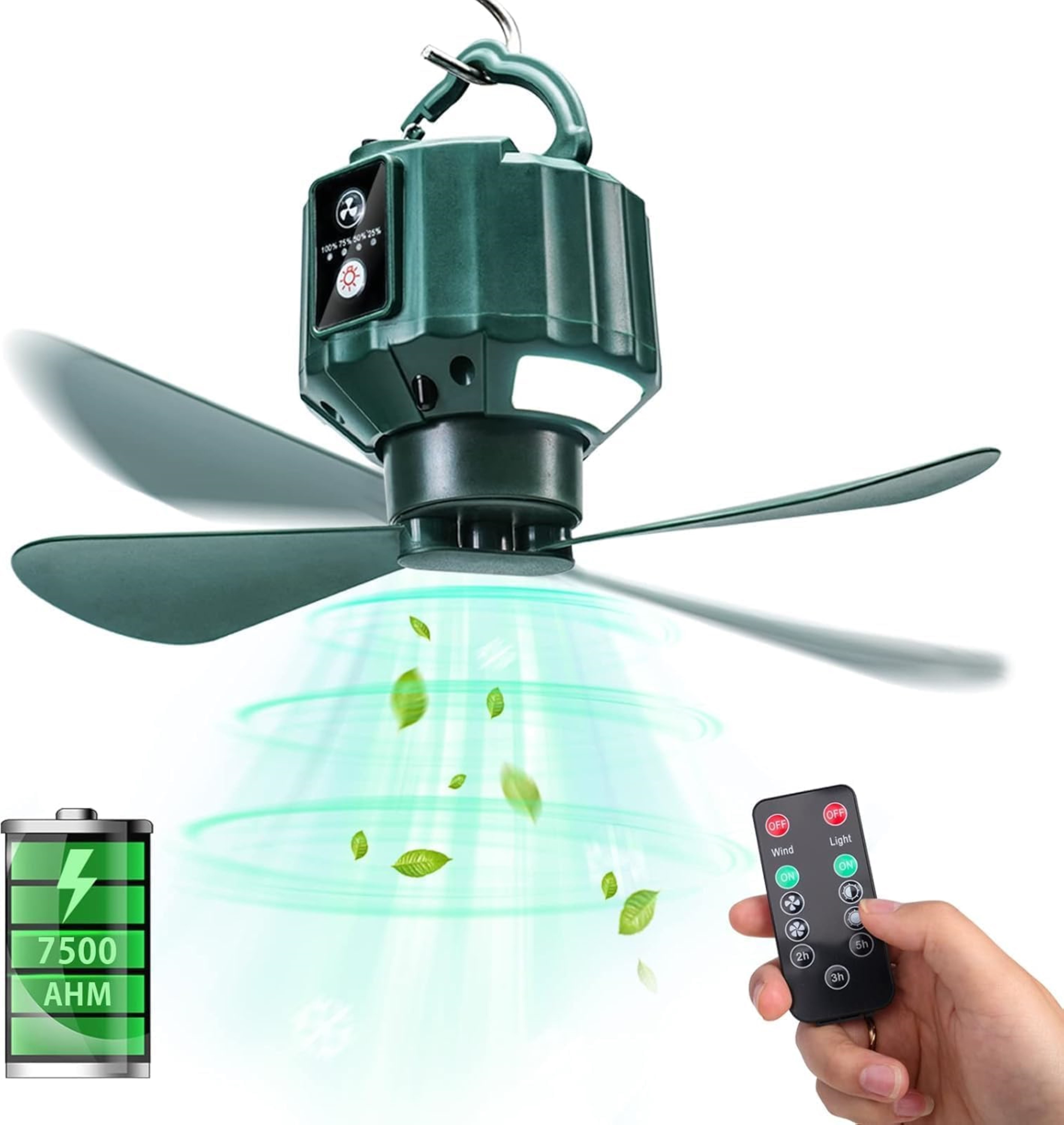 Portable Ceiling Fans with Remote Control, Power Bank, USB Battery Operated Camping Fan with Hanging Hook for Canopy Tents, Emergency Survival