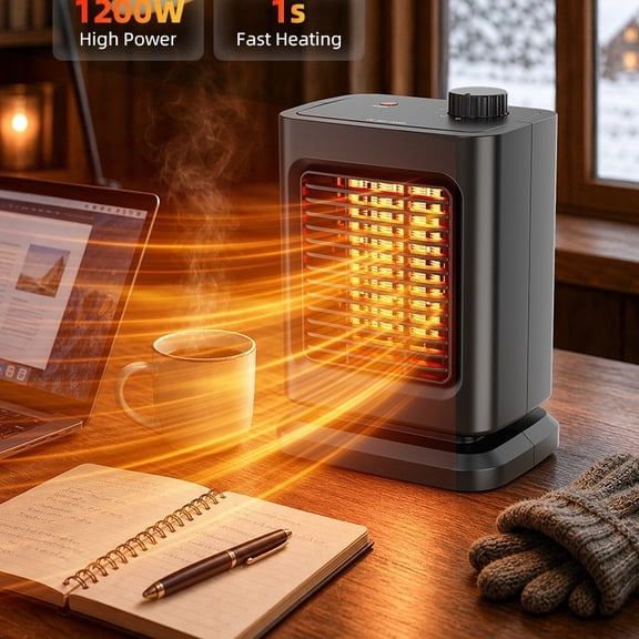 Portable Ceramic Space Heater 1200W, Fast Heating, Digital Display, Built-in Handle, Overheat and Tip-Over Protection, Ideal for Home, Bedroom, and Office Heating