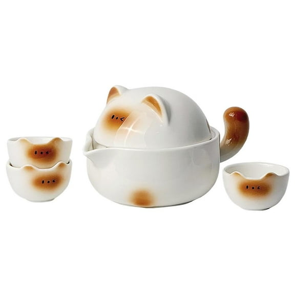 Portable Ceramic Tea Cup Set,Cute Cat Real Porcelain Tea Pot,Lucky Cat Porcelain Teapot Set with Tea Strainer,Lids,Suitable for Travel Outdoor Picnic Office Work Home