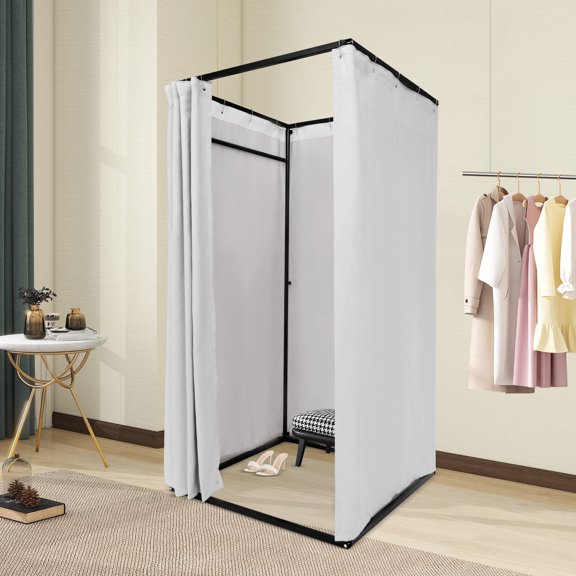 Portable Changing Room, Fitting Room, Pop Up Dressing Room, 39.37x39.37x78.74 in, Light Gray Linen Fleece, Iron Frame, Heavy Duty 77 lbs Capacity, Spacious for 3-4 People, Clothing Store