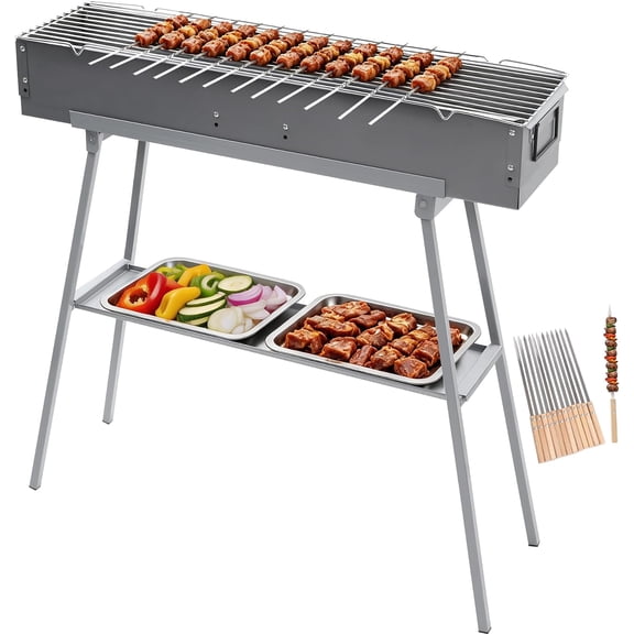 Portable Charcoal BBQ Grill with 12 PCS 17" WoodenHandle Skewers, HeavyDuty Kebab Grill with Folding Legs, 31.6 x 7.1" Large Cooking Area for Backyard Picnic Camping Outdoor Parties
