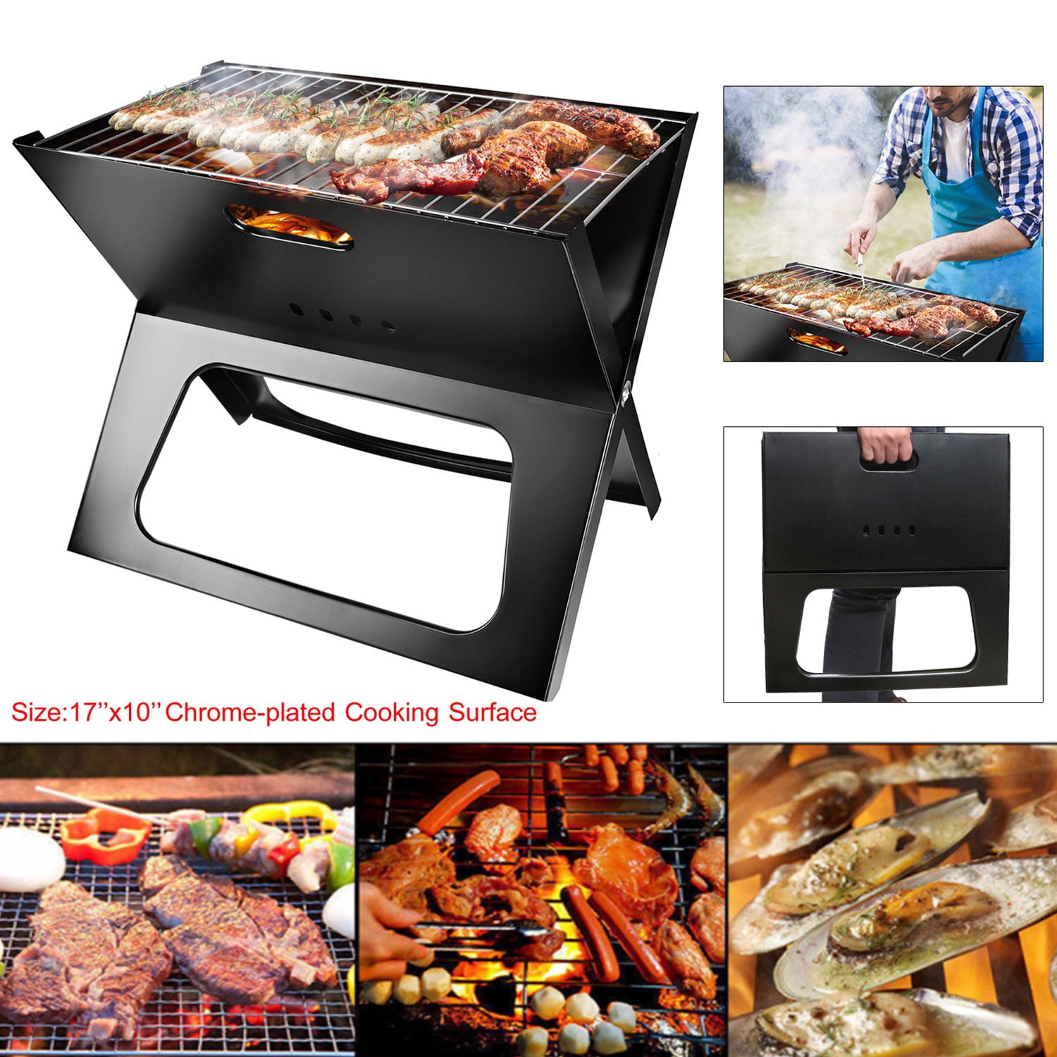 Portable Charcoal BBQ Grill - 17" Foldable Camping Grill with Carry Handle, 170 sq in Cooking Area, Lightweight (5.23 lbs) for Travel, Garden & Outdoor Barbecue
