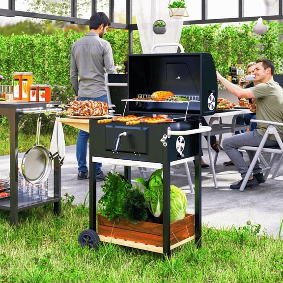 Portable Charcoal BBQ Grill with Adjustable Charcoal Pan, Folding Side Table, Bottom Storage Shelf, Built-In Thermometer, Ash Drawer, Bottle Opener, Wheels for Outdoor Backyard Camping Picnic