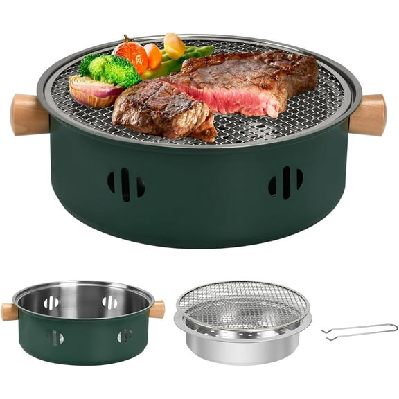 Portable Charcoal Barbecue Grill, 1pc Mini BBQ Grill Multifunctional Smokeless Round Tabletop for Indoor Outdoor Cooking Home Party Picnic Camping (Green)