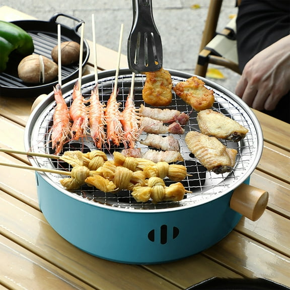 Portable Charcoal Barbecue Grill, Outdoor Barbecue Grill, Mini Charcoal BBQ Grill Multifunctional Charcoal Grill Smokeless Round Tabletop Charcoal Grill, for Home Picnic Camping (Blue)