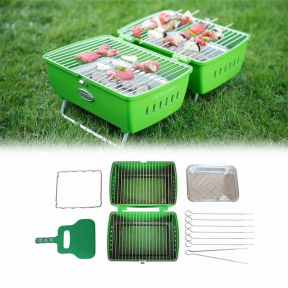 Portable Charcoal Barbecue Grill with Tools, Green - 13 Piece