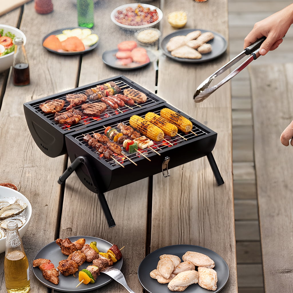 Portable Charcoal Grill 16.3In Tabletop Outdoor Stove Double Sided Stainless Steel Carbon Griller Lightweight BBQ Camping Backyard Patio Picnic Carry Bag Included Easy Clean Ash Catcher Iron Frame