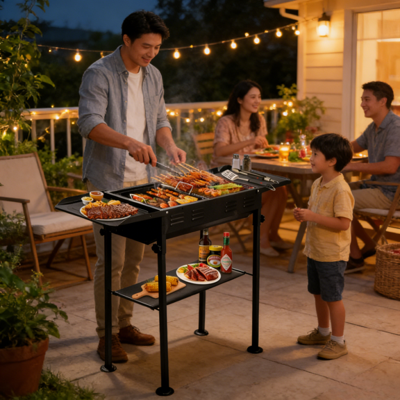 Portable Charcoal Grill 28.5In Foldable Kabob BBQ Camping Barbecue 2-in-1 Pan Griddle Stainless Steel Adjustable Height Backyard Party Picnic Travel Outdoor Cooking Side Trays Storage Bag Full Kit