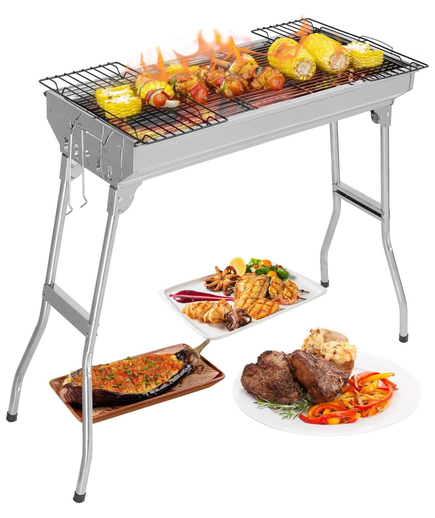 Foldable Stainless Steel Charcoal Grill with Storage Rack