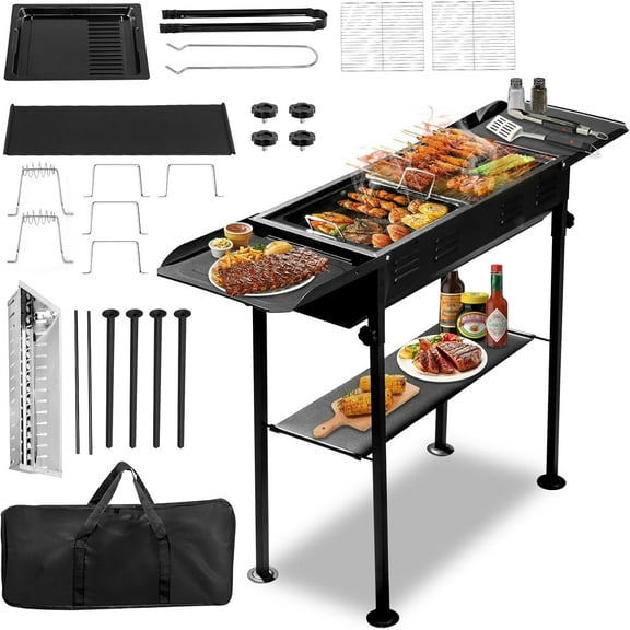 Portable Charcoal Grill, 47" Folding BBQ Grill with Shelves & Carry Bag, Adjustable Height Outdoor Grill for Camping, Picnic, Beach, Garden, Party