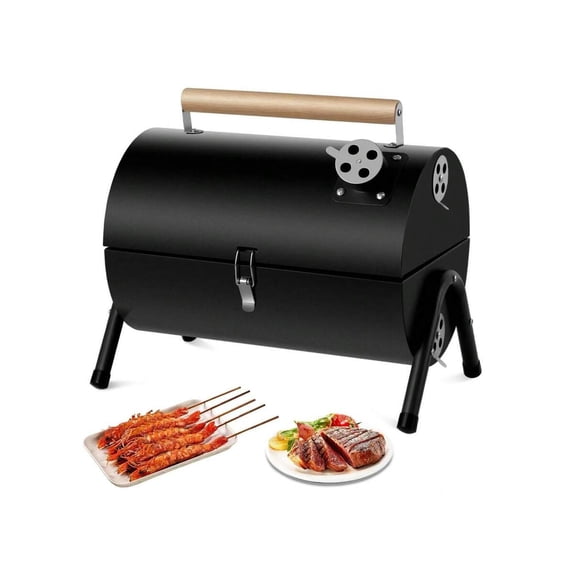Portable Charcoal Grill and Compact Barrel Smoker, Foldable Double-Sided BBQ Grill for Camping and Tailgating, Stainless Steel with Wood Handle, Black