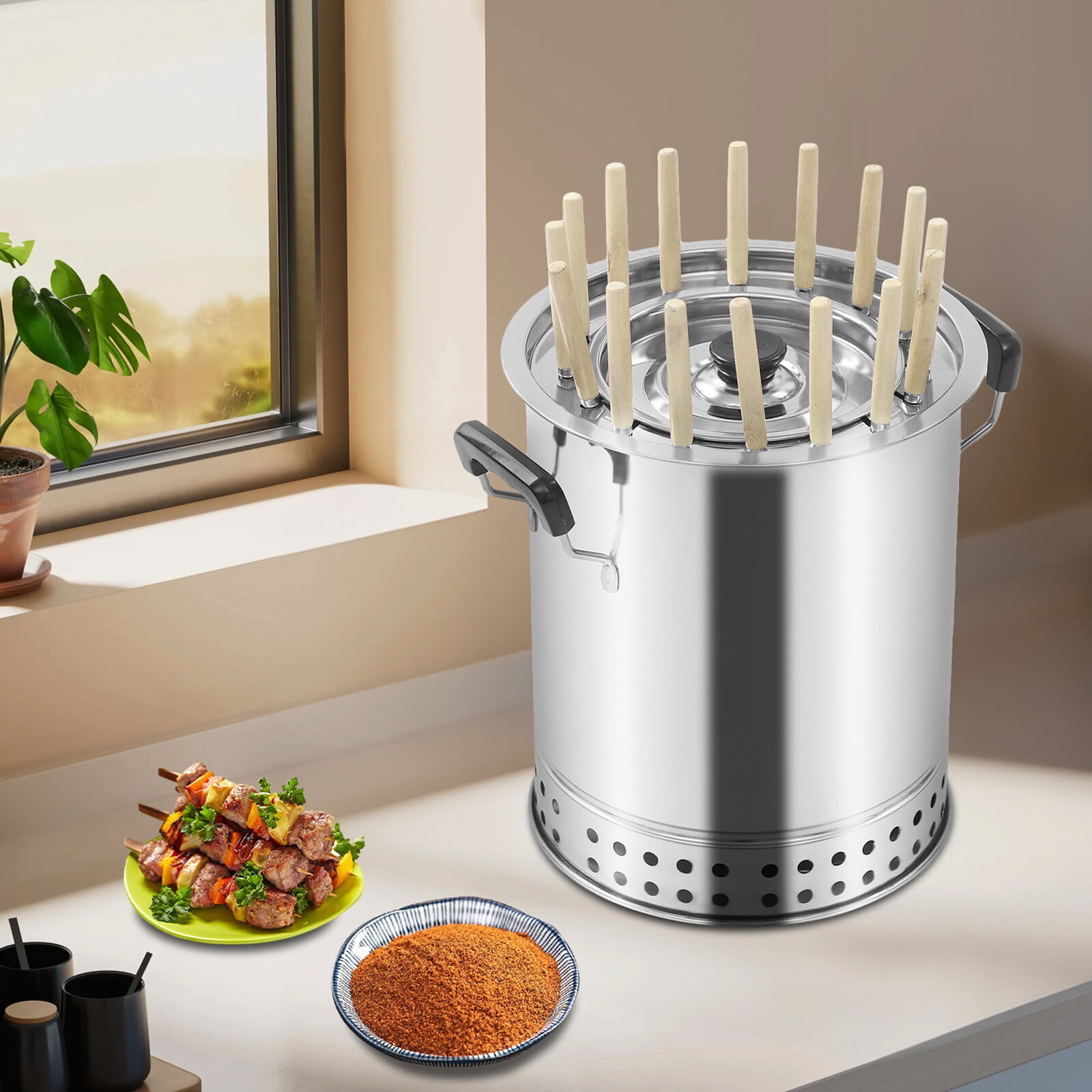 Portable Charcoal Grill, Compact Smokeless BBQ Charcoal Grill Stainless Steel Charcoal Kebab Grill, 360° All-Round Roasting BBQ Stove for Outdoor Cooking, Camping, Picnic, Backyard (16 Skewers)