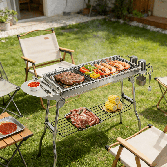 Portable Charcoal Grill Foldable 25In BBQ Area Stainless Steel 10Lbs Camping Picnic Garden Outdoor Backyard Suitcase Style Cooking Lightweight Grilling 8 People Enamel Pan Air Vents Strong Tool