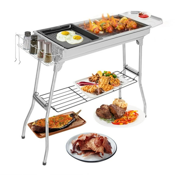 Portable Charcoal Grill, Foldable Barbecue Grill, 39 x 12x 28" Stainless Steel BBQ Grill for Outdoor Cooking Camping Hiking Picnic Garden Beach Party (Large)