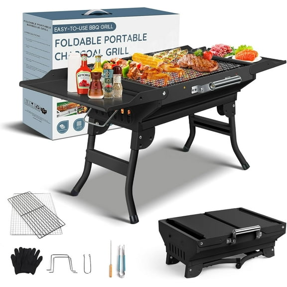 Portable Charcoal Grill Foldable Grills BBQ Grill Charcoal Small Grill for Travel, Camping, Outdoor Cooking, Backyard, Hiking, Patio Garden, Picnics, Black