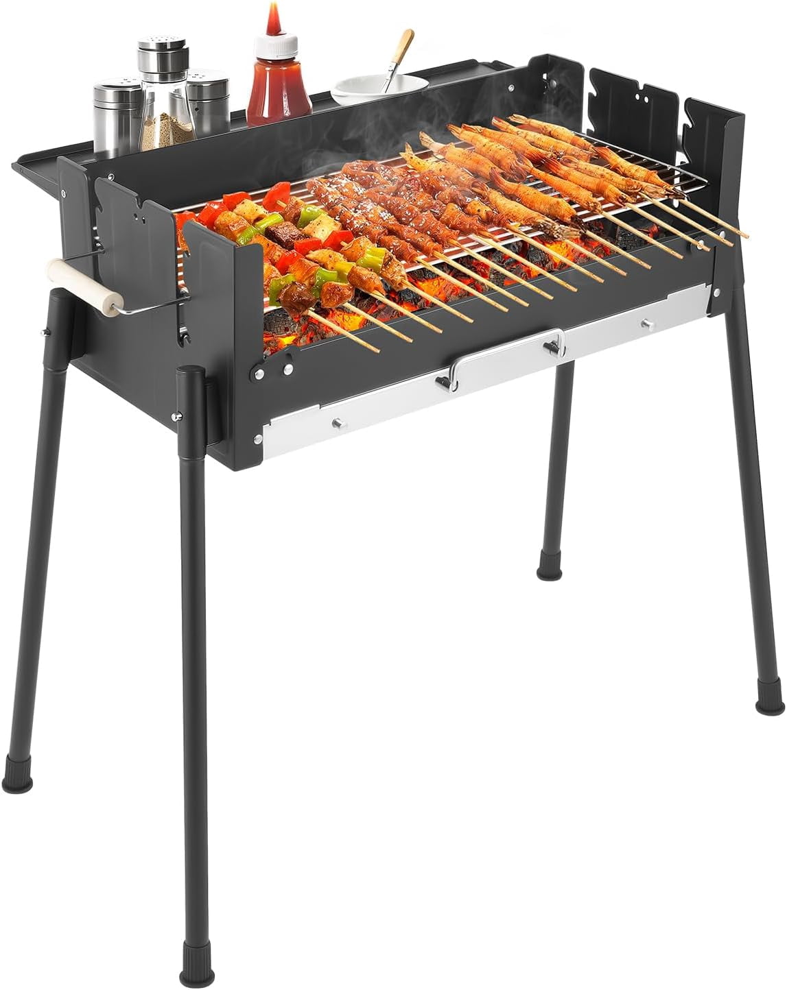Portable Charcoal Grill, Folding BBQ Grill with 3 Adjustable Height Levels &Side Table, Stainless Steel & Iron Outdoor Grill for Camping, Tailgating, Backyard, Picnic, Fits 3-8 People 25.79" x 11.42"