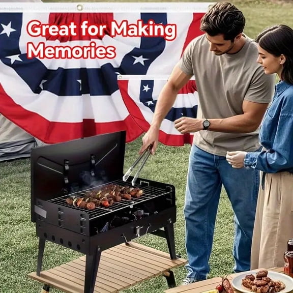 Portable Charcoal Grill, Folding BBQ Toolbox Grill - Windproof, 3 Height Adjustable, Lightweight Camping Grill for Outdoor Cooking & Hiking