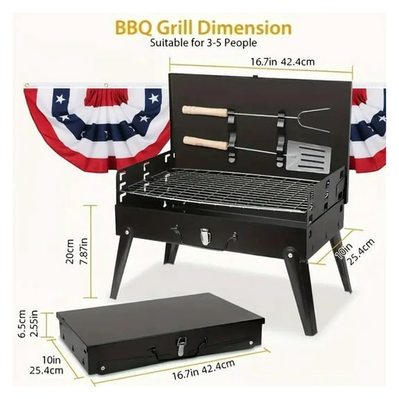 Portable Charcoal Grill, Folding BBQ Toolbox Grill - Windproof, 3-Height Adjustable, Lightweight for Camping, Hiking, Outdoor Cooking