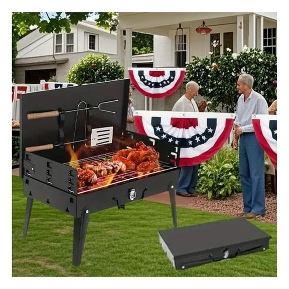 Portable Charcoal Grill, Folding BBQ Toolbox Grill - Windproof, 3 Height Adjustable, Outdoor Camping Cooking