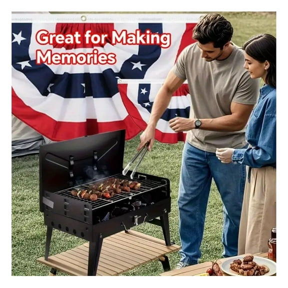 Portable Charcoal Grill, Folding BBQ Toolbox Grill Windproof, 3 Height Adjustable, Outdoor Camping Hiking Cooking Tool Kit