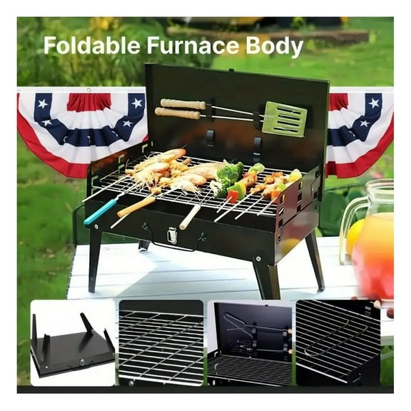 Portable Charcoal Grill - Folding Toolbox BBQ for Camping, Tailgating & Outdoor Cooking - Windproof, 3 Adjustable Heights, Lightweight