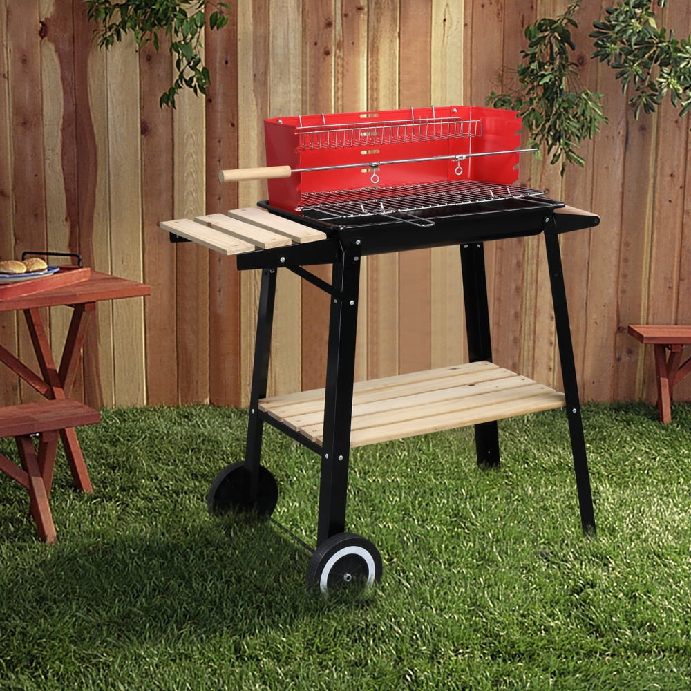 Portable Charcoal Grill, Four Legs with Wheels Square Enamel Charcoal Oven, Black Red