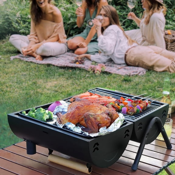 Portable Charcoal Grill Set Double Sided +Barbecue Pan Net+6PCS Tools for Outdoor Camping BBQ Grilling Backyard Party Cooking Chimney