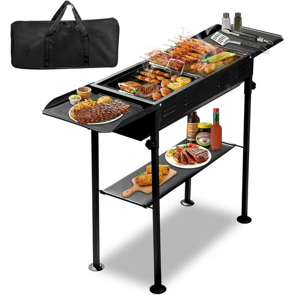 Portable Charcoal Grill with Side Table, Foldable Barbecue Grills BBQ Griddle for Outdoor Cooking Garden Party Picnic Hiking Travel Backyard, Easy to Assemble, Asadores de Carbon (Black)