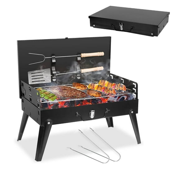 Portable Charcoal Grill, Small Foldable Tabletop BBQ Grill with Lid & Barbecue Accessories, Mini Charcoal Barbecue Grill for Outdoor Camping Cooking Picnic Beach Patio (18.5 x 10.62 x 18.11in, Black)