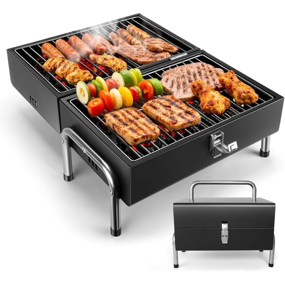 Portable Charcoal Grill, Small Size for Camping | Heavy-duty steel, 270 sq.in grilling area. Easy assembly, tabletop design, for beach, patio, camping & balcony. Multi-use