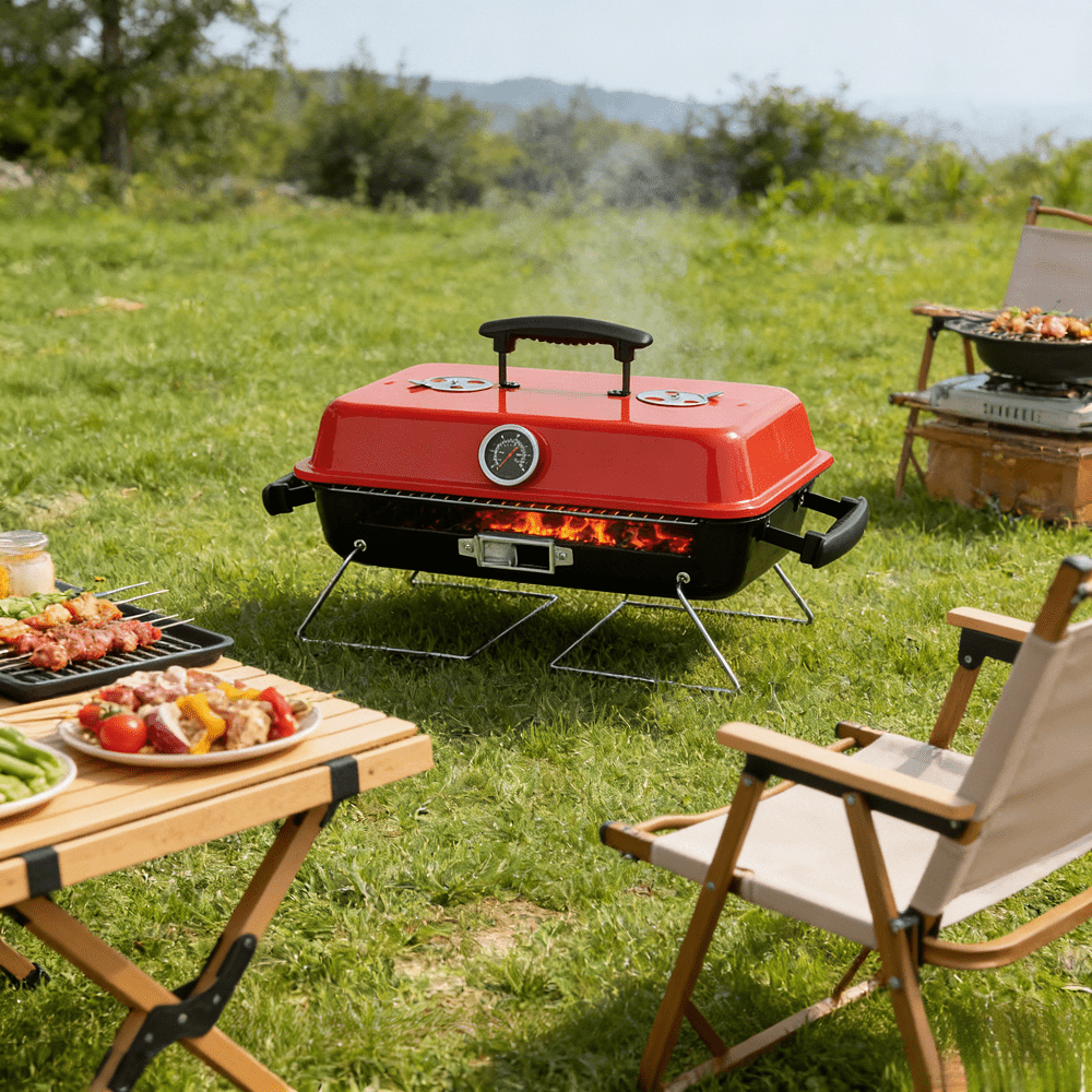Portable Charcoal Grill Tabletop BBQ Smoker Small Camping Picnic Beach Backyard Enamel Body Chrome Plated Rack 21in Thermometer Air Vents Outdoor Barbecue Cooking Lightweight Easy Clean Use Best
