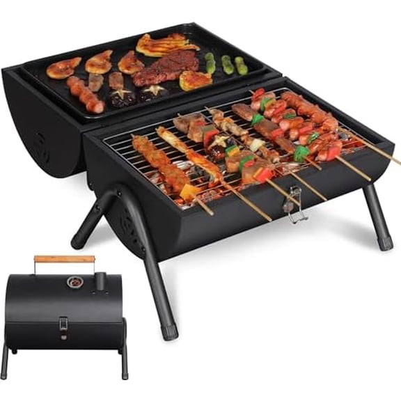 Portable Charcoal Grill with Thermometer, Heavy-Duty Thick Steel & Foldable Design, Compact Small Tabletop Barbecue Grillfor Camping, Backyard, Beach - Easy Assembly, Dual Grilling Zones