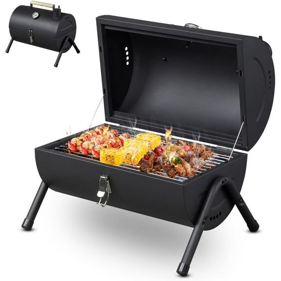 Portable Charcoal Grill with Thermometer & Wooden Handle, Multi-functional Metal Compact Tabletop BBQ Outdoor Charcoal Grill for Camping Travel Picnic Patio