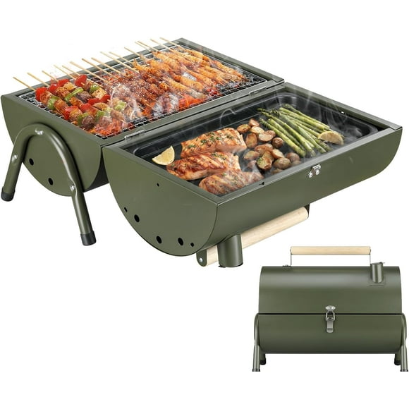 Portable Charcoal Grill Two Side Carbon Griller Mini Smoker Small BBQ Grill Outdoor for Travel Backyard Picnic Beach (Green)