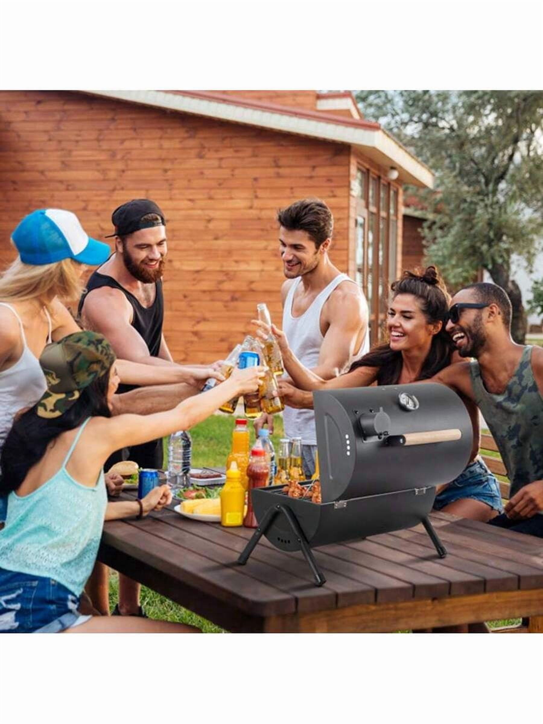 Portable Charcoal Grill With Thermometer & Wooden Handle, Compact Tabletop Barbecue Grill For Outdoor Camping BBQ Grilling Backyard Party Cooking