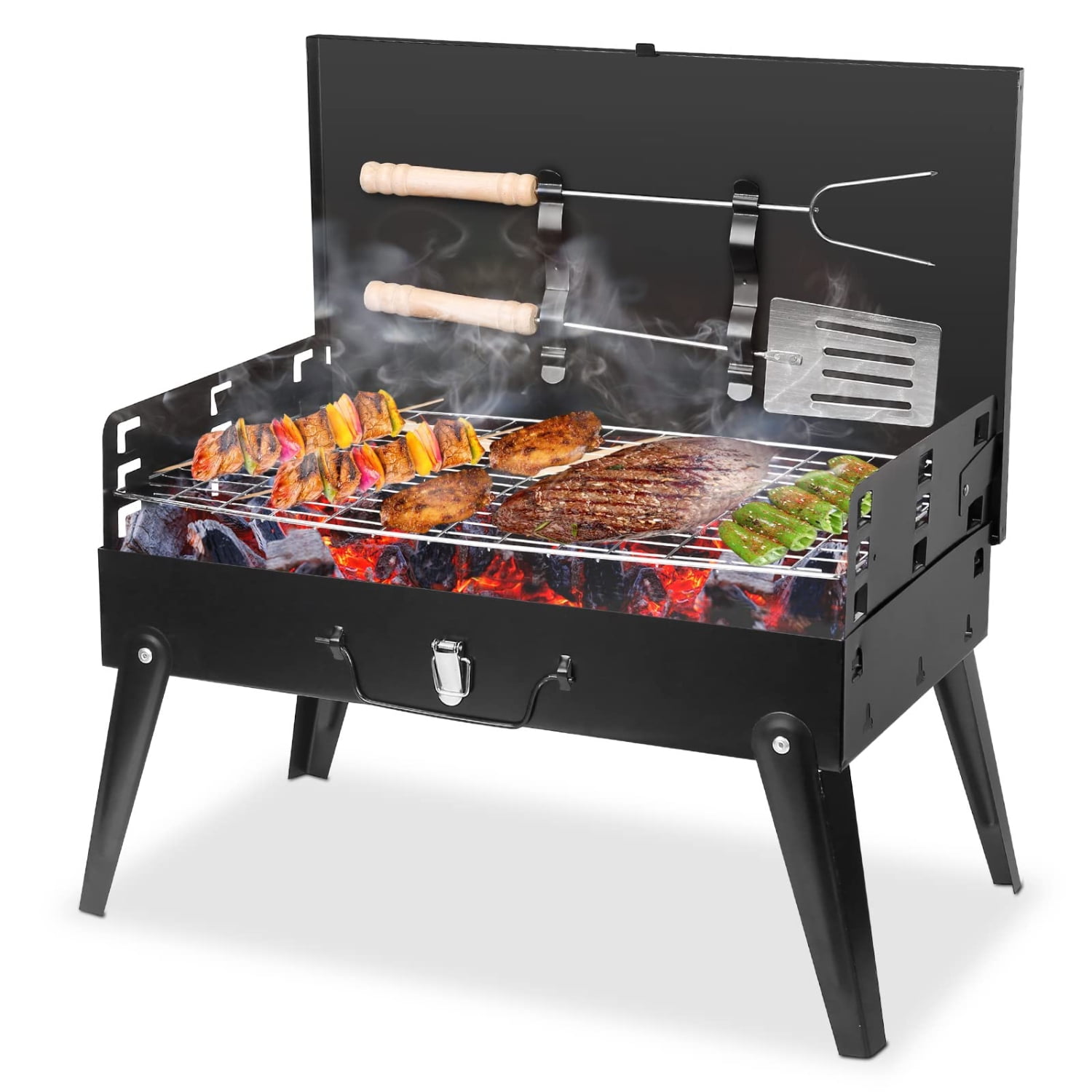 Portable Charcoal Grill with BBQ Net - Foldable Suitcase Design for Camping/Backyard/Beach, 16.7x10x17.7 In, Black