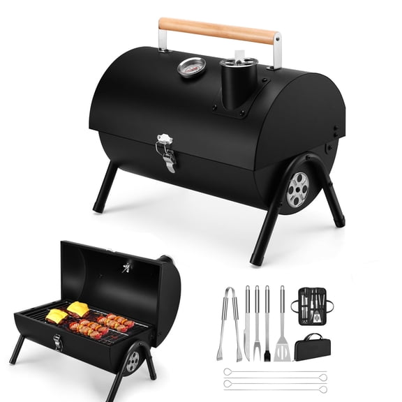 Portable Charcoal Grill with Thermometer & BBQ Tool Set, Tabletop Camping Grill Kit for Outdoor Backyard Party