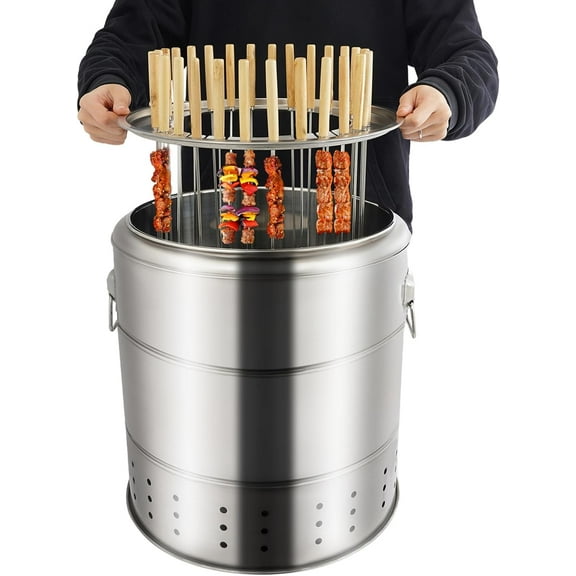 Portable Charcoal Grills, 2 in 1 Vertical Smoker, 360° Smokeless Stainless Steel BBQ Grill Barrel for Outdoor Barbecue, Camping, And Backyard Cooking (Medium-28 Skewers)