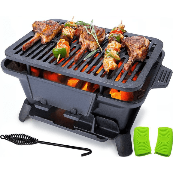 Portable Charcoal Hibachi Grill Pre Seasoned Cast Iron with 2 Height Settings Air Control and Coal Door Ideal for 2 People