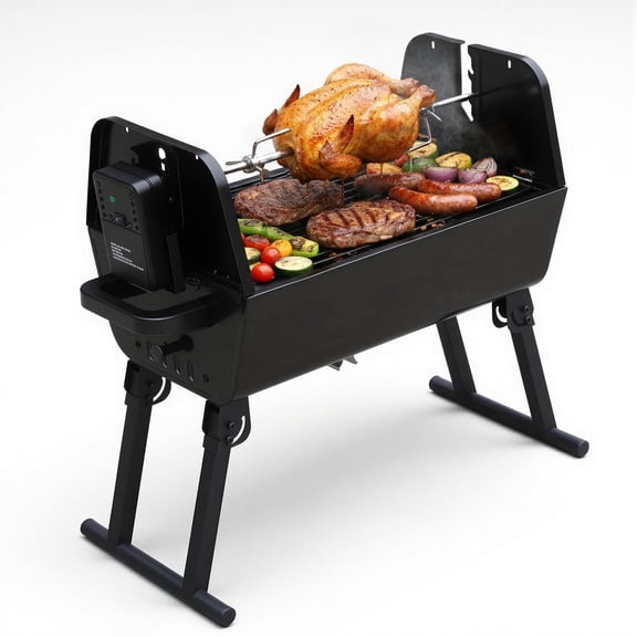 Portable Charcoal Rotisserie Grill, 360 Motorized Rotisserie, 2-in-1 Direct & Indirect Cooking, Foldable Outdoor BBQ Grill for Camping Backyard Patio, Easy Assembly