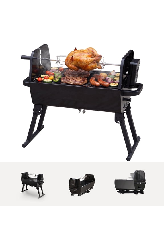 Portable Charcoal Grill with 360° Motorized Rotisserie, 2-in-1 Direct & Indirect Cooking, Foldable Outdoor BBQ for Camping & Backyard