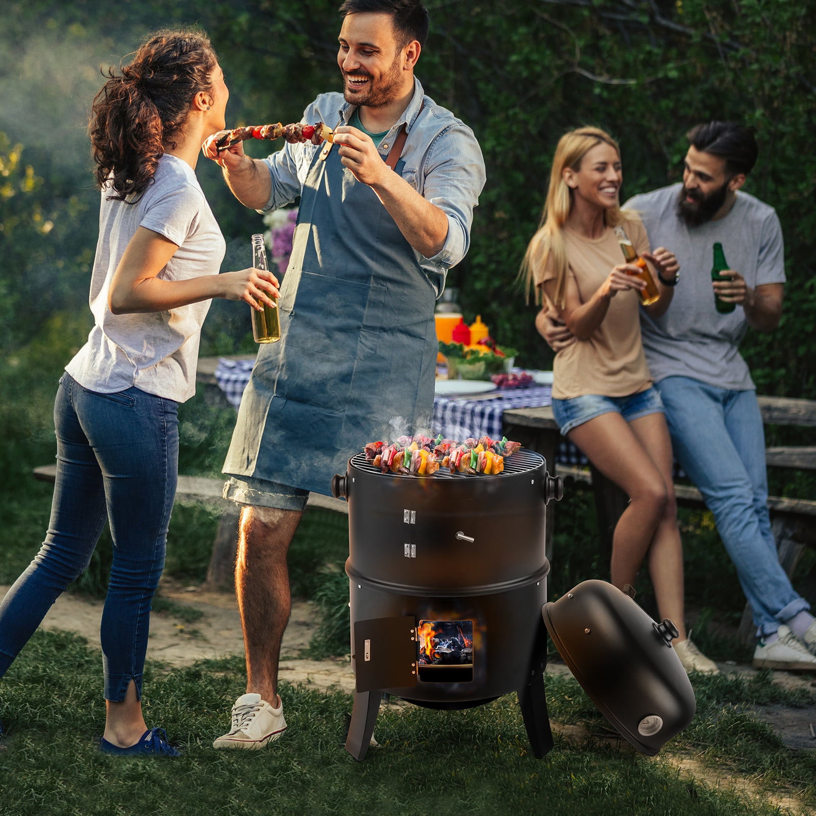Portable Charcoal Smoker Grill, Iron Outdoor BBQ Grill with Thermometer, Adjustable Ventilation for Camping Patio Backyard, Black
