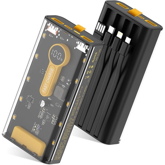 Portable Charger 10000mAh,22.5W Fast Charging Power Bank with Built in Cables,Transparent External Battery Pack Flashlight,USB C in&out Phone for iPhone Samsung Android Cellphone