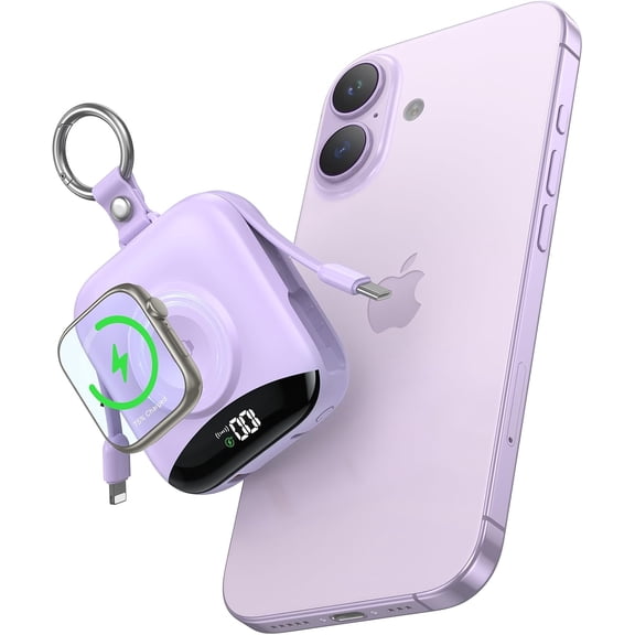 Portable Charger, 10000mAh 22.5W Fast Charging Power Bank with Built-in Cables, Travel Essentials Battery Pack with LED Display for iPhone, Portable iWatch Charger for 11/10/9/8/7/6/5/SE/Ultra Purple