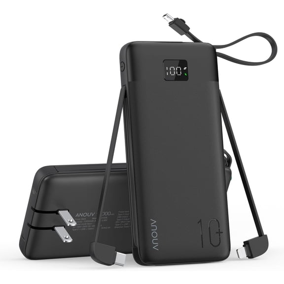 Portable Charger 10000mAh 22.5W PD 3.0+QC 4.0 Super Fast Charging Power Bank with Built-in Cables & AC Wall Plug, Slim External USB C Battery Pack for iPhone 17/16/15/14/13, Android, , iPad,etc