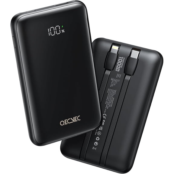 Portable Charger 10000mAh, Cell Phone Portable Power Banks with 22.5W PD Fast Charging, Compact Phone Charger Built in Cable, Compatible with Apple, Samsung, Google, Motorola and More-Black
